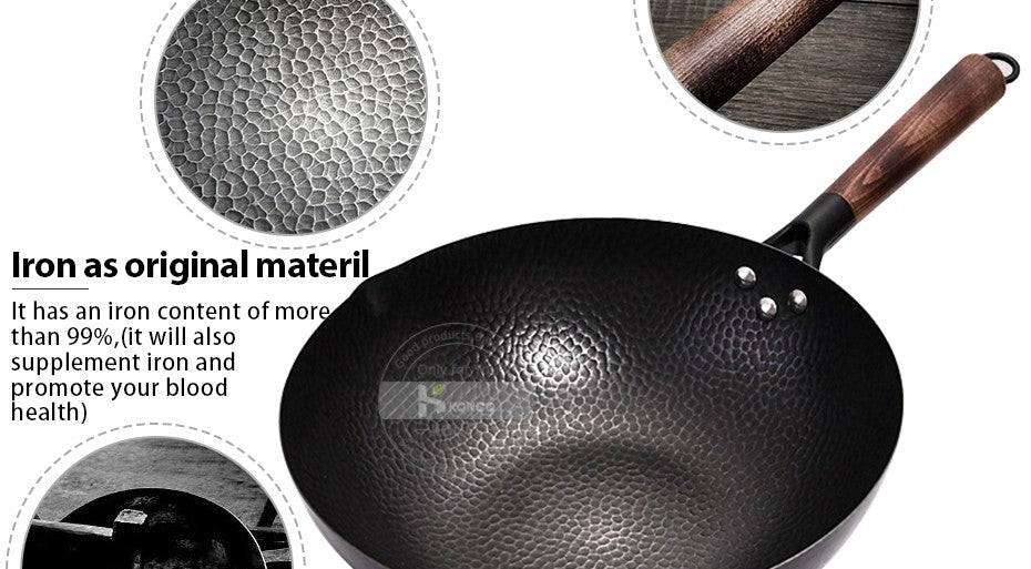 Panela Wok de Ferro Puro Konco, Panela de Ferro Fundido Antiaderente, Uso Geral para Fogão a Gás e Indução 32cm