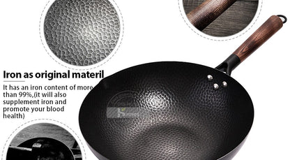 Panela Wok de Ferro Puro Konco, Panela de Ferro Fundido Antiaderente, Uso Geral para Fogão a Gás e Indução 32cm