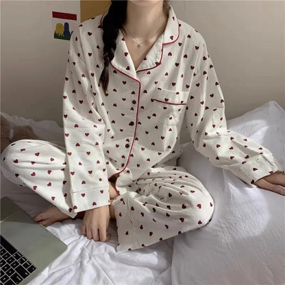 M-XXL Large Size Nightwear Women Sleepwear Autumn and Winter Cardigan Home Wear Peach Heart Long Sleeves School Silk Pajamas