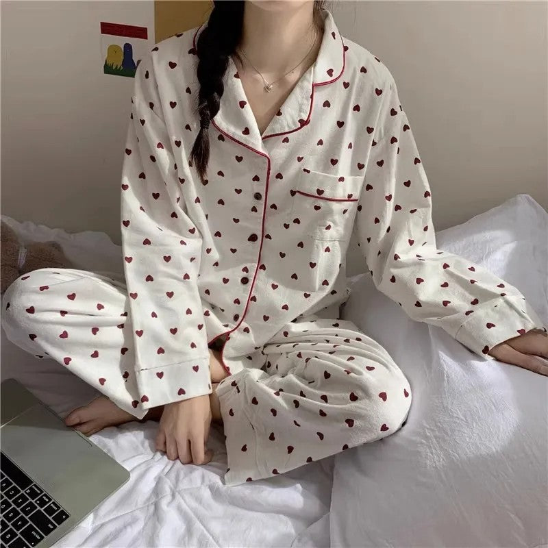 M-XXL Large Size Nightwear Women Sleepwear Autumn and Winter Cardigan Home Wear Peach Heart Long Sleeves School Silk Pajamas