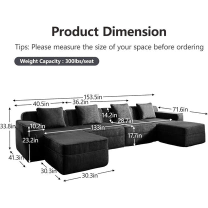 153.5" Luxury Modular Sectional Cloud Couch – Boneless Deep-Seat Corduroy Sofa for Living Room, Modern & No Assembly