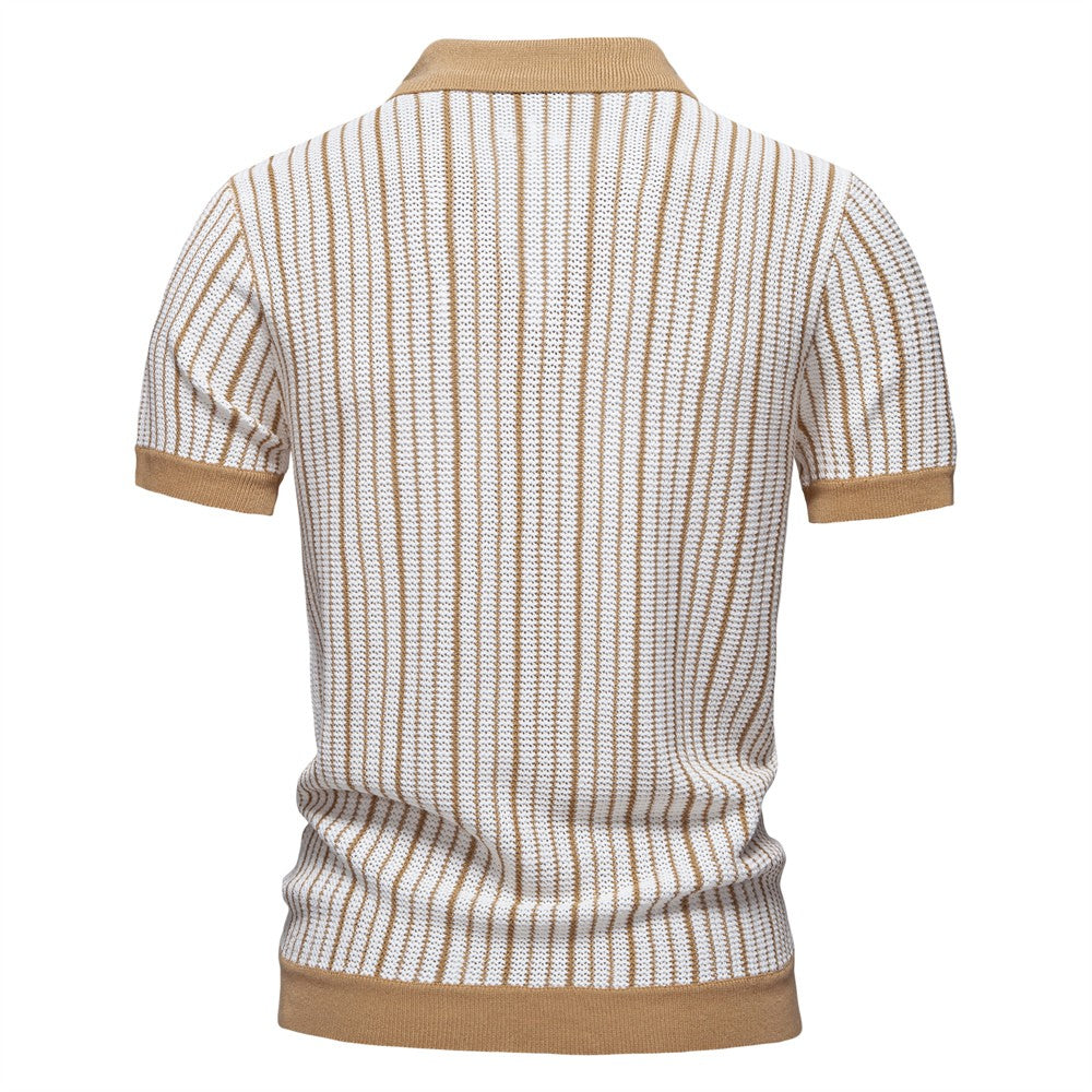 AIOPESON 2025 Men's Striped Mesh Polo Shirt - Breathable Contrast Panel Knit Top with Turn-Down Collar