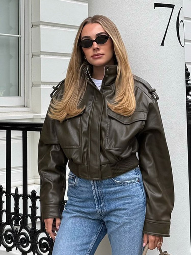 HH Women Large Front Pocket Jacket Vintage Solid Turtleneck Long Sleeve Zipper Faux Leather Jacket Fashion High Street Lady Coat