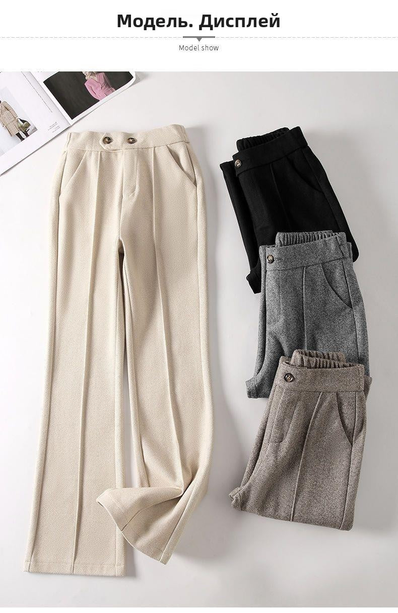 Faionable Thiened Woolen Flared Pants High Waist Casual Trousers for Women Autumn Winter New Sle Slimming Wide Leg Pants