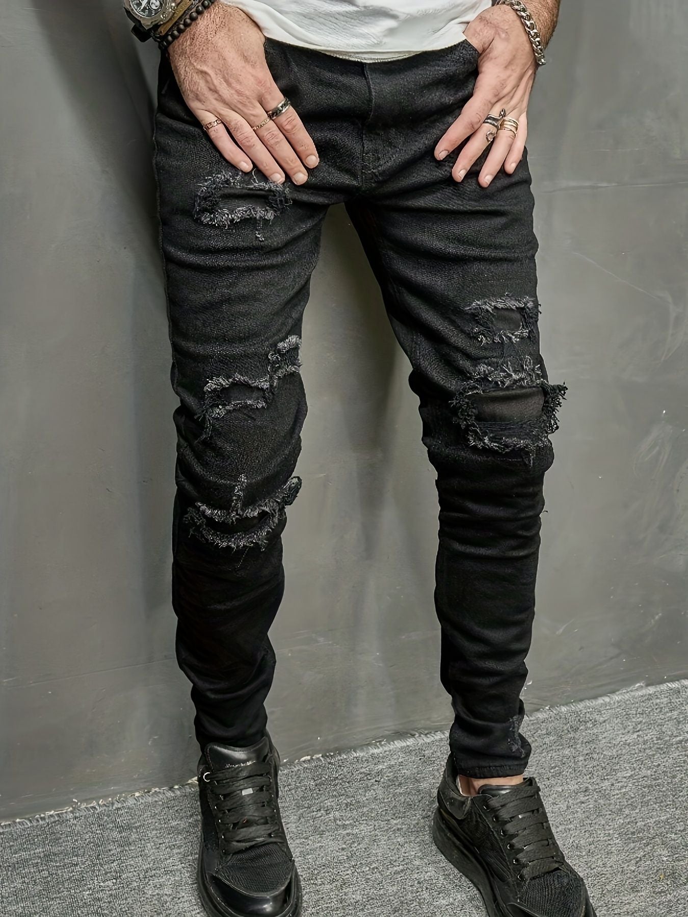 Men's slim fit jeans with torn holes, fabric patch, small feet, tight fitting denim pants