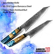 Conjunto de Facas de Cozinha Amber Hot selling 67 Camadas de Aço Damasco Lâmina Super Afiada Fio 10Cr15CoMoV com Cabo de Resina e Madeira