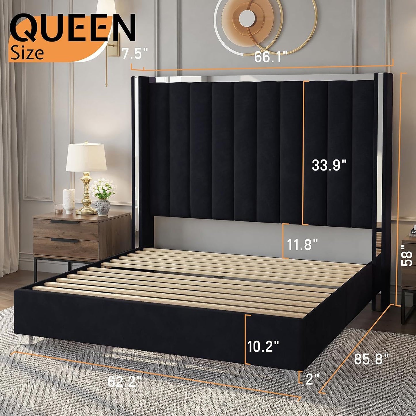 Estrutura de Cama Queen Size com Cabeceira de 147 cm de Altura, Cama Plataforma Estofada em Veludo com Cabeceira de Asas com Capitonê Canalizado e