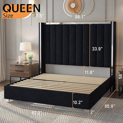 Estrutura de Cama Queen Size com Cabeceira de 147 cm de Altura, Cama Plataforma Estofada em Veludo com Cabeceira de Asas com Capitonê Canalizado e