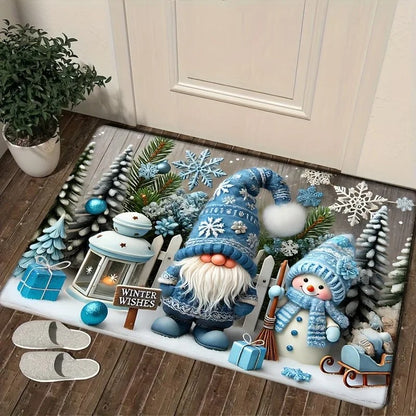 VIKAMA Christmas Gnome Blue Decorative Rug Living Room, Bedroom & Entrance Door Mat Non-Slip, Stain-Resistant Home Decor Rug