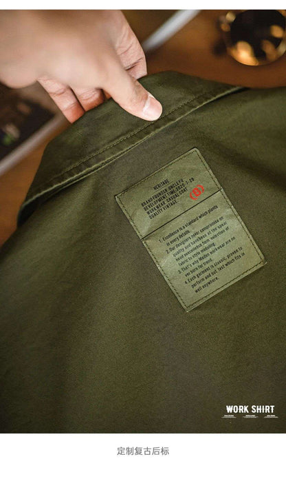 Maden Summer Vintage Four Pockets Short Sleeve Shirts for Men Cotton Green Loose Turn-down Collar Shirt Cargo Tops Male XL XXL