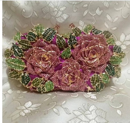 Golden Silver Luxury Crystals Evening Bags Fashion Rose Flower Diamonds Clutch Bags Soiree Purse Women Wedding Bride Handbags