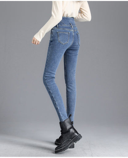 Autumn Winter Skinny Jeans Fashion Women Thermal Fleece High Waist Stretch Warm Pencil Pants Casual Velvet Button Denim Pant