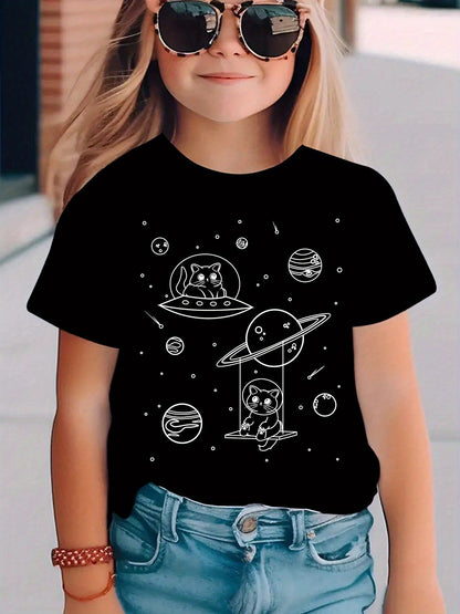 Camiseta Estampada Gato Espacial para Crianças Meninas Meninos Moda Casual Blusas Espaciais Menina Menino Camiseta Gato Fofo Roupa Infantil