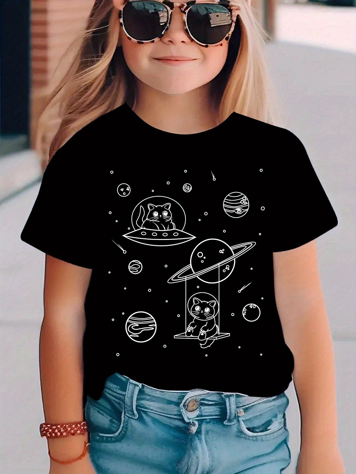 Camiseta Estampada Gato Espacial para Crianças Meninas Meninos Moda Casual Blusas Espaciais Menina Menino Camiseta Gato Fofo Roupa Infantil