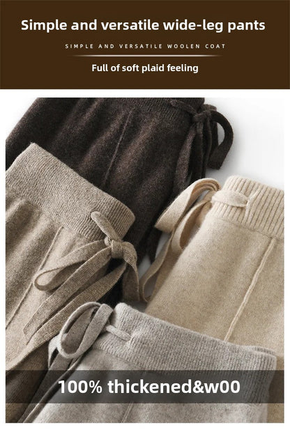High Waist Wide Leg Pants Mid-Seam Knitted Trousers Drawstring Waist Belted Floor-Length Pure Color Versatile Autumn Winter Casu