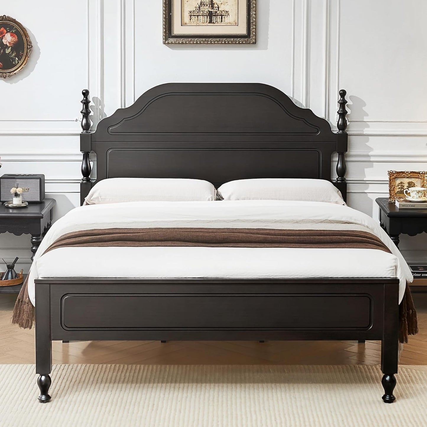 Solid Wood Queen Bed Frame, Stable & Sturdy Queen Size Bed Frame with 50" Tall Headboard and Footboard, Heavy Duty Wood
