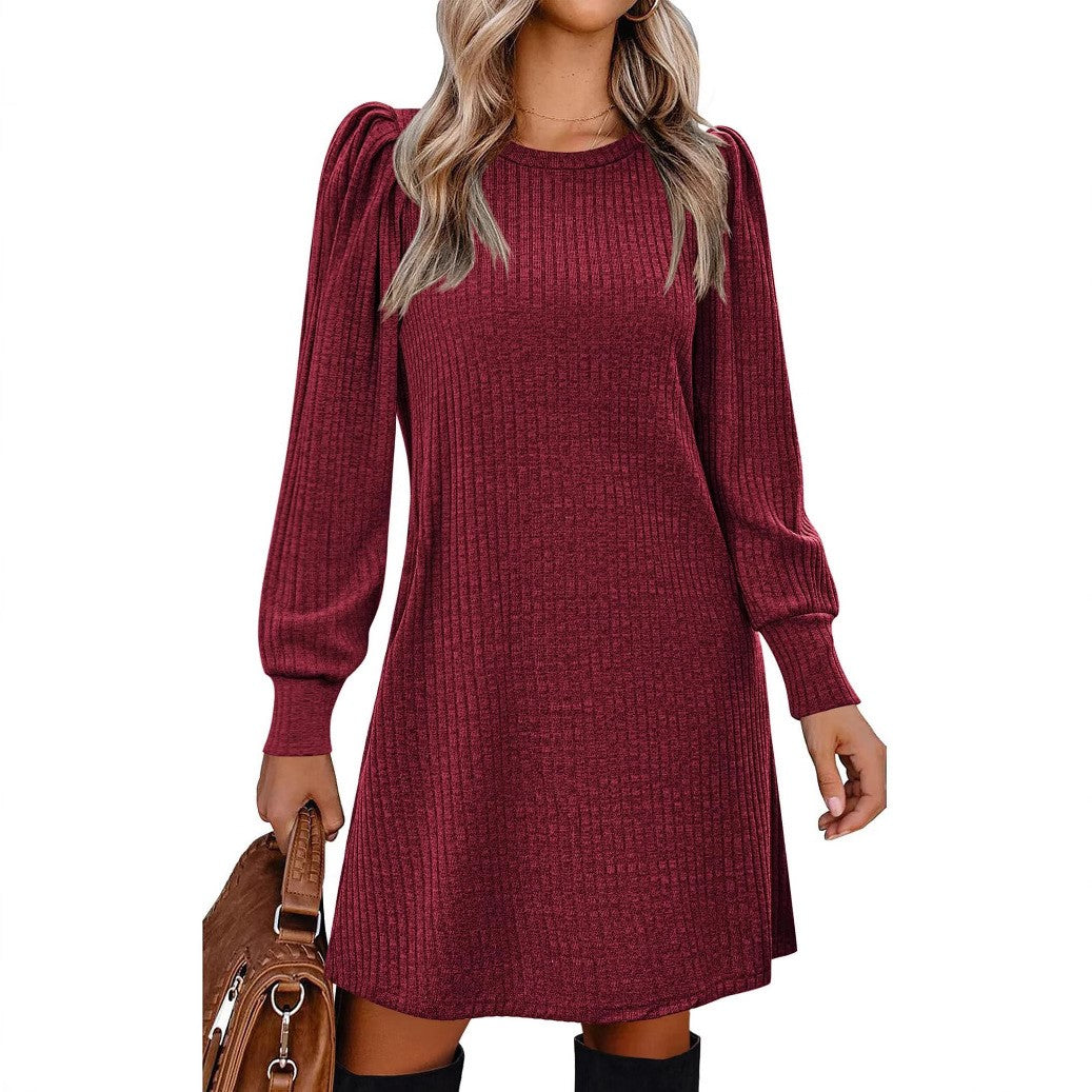 Y2K autumn and winter women's crew neck solid color sweater bubble sleeve fashion commuter dress comfortable casual loose dress