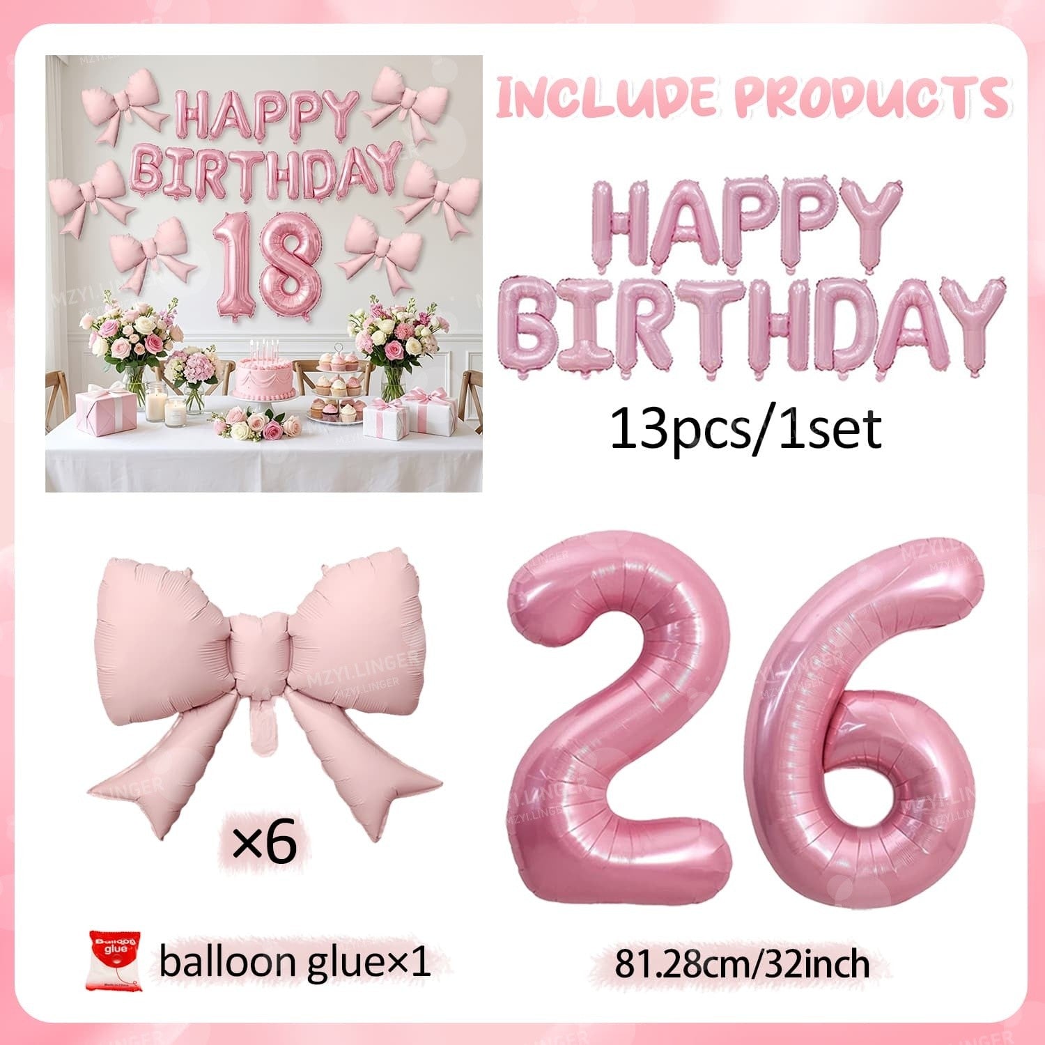 Pink Bow Birthday Balloon Happy Birthday Letter Balloon Used for Wedding, Valentine's Day, Birthday, Proposal Decoration Decor