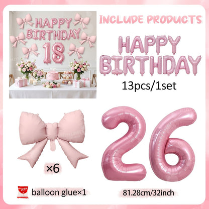 Pink Bow Birthday Balloon Happy Birthday Letter Balloon Used for Wedding, Valentine's Day, Birthday, Proposal Decoration Decor