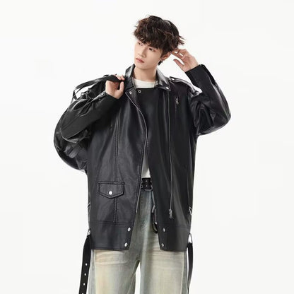 American Retro High Street Loose Motorcycle Biker Black Pu Faux Leather Jackets with Belt Spring Autumn Male Zipper Coat Outwear