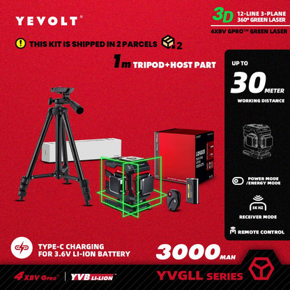 Nível a Laser Verde YEVOLT Série YVGLL4XS12T 3 Planos 12 Linhas Autonivelante 360 3D Horizontal & Vertical Ferramentas de Medição de Energia