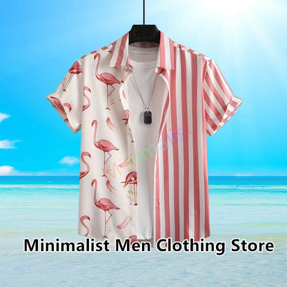 2023 Leaf and Flamingo Print Shirt For Men Hawaiian Shirt Casual Beach Short Sleeve Fashion Tops Male Blouse Summer Clothing