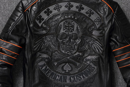 Men's Spring Original Leather Motorcycle Jacket 2025 Skull Embroidery Top Layer Cowhide Clothing Slim Fit Black Slim Male Coat