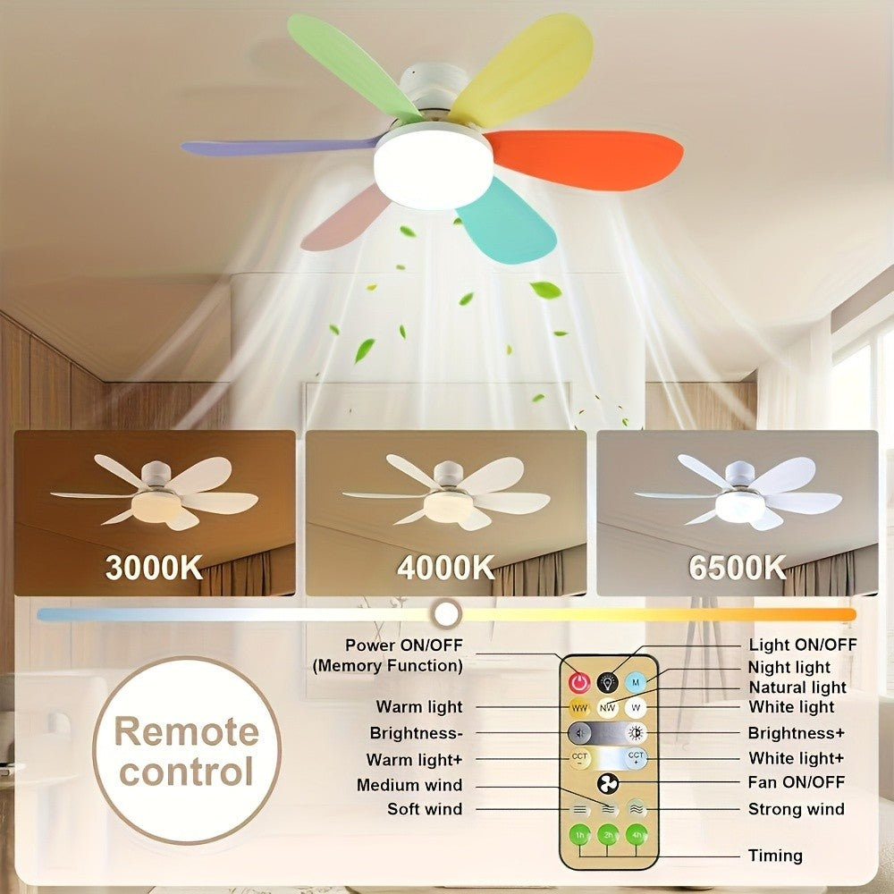 LED smart ceiling fan light with remote control, timer, 6 fan blades, 3 speeds, adjustable brightness and color temperature