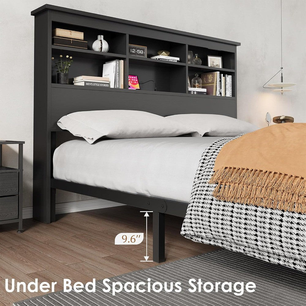 Queen Size Bed Frame with Bookcase Headboard, 2-Tier Storage Queen Platform Bed with Charging Station, No Box Spring