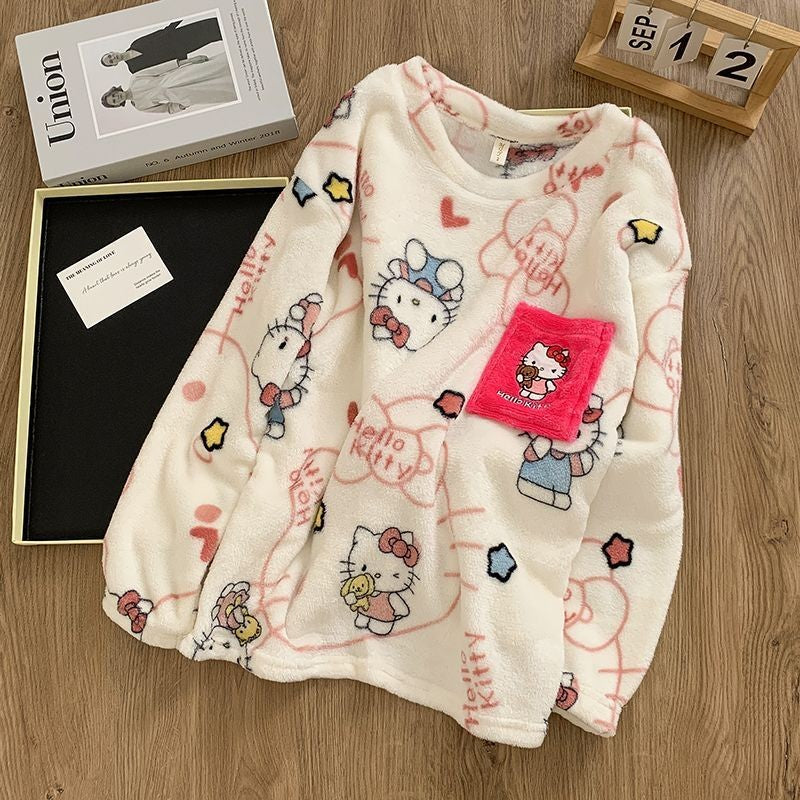 Hello Kitty Women's 2025 Plush Flannel Pullover Pajama Set Winter Cozy Long Sleeve Pants Embroidered Casual Home Loungewear