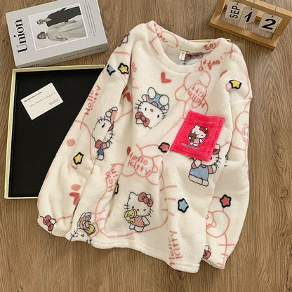 Hello Kitty Women's 2025 Plush Flannel Pullover Pajama Set Winter Cozy Long Sleeve Pants Embroidered Casual Home Loungewear