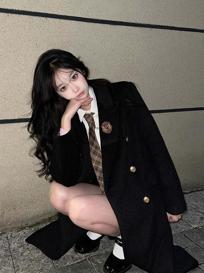 Jk Uniform Wool Coat Women Fashion Japanese Preppy Elegant Badge Black Midi Outwear Autumn Winter Sweet Long Sleeve Quilted Tops