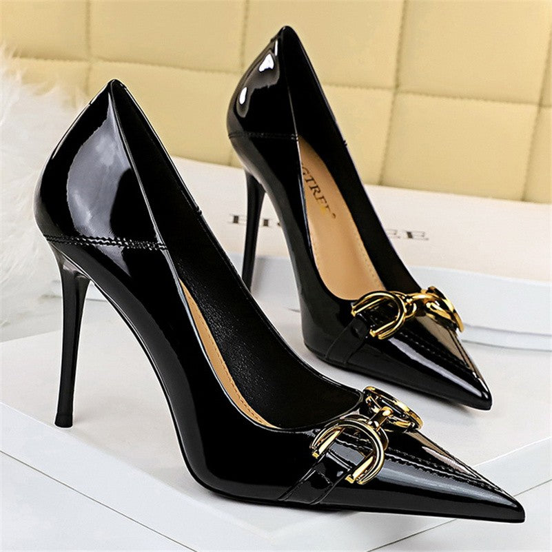 Luxury Design Women 10cm High Heels Metal Buckle Green Pumps Lady Plus Size Wedding Stiletto Heels Party Nude Replica Prom Shoes