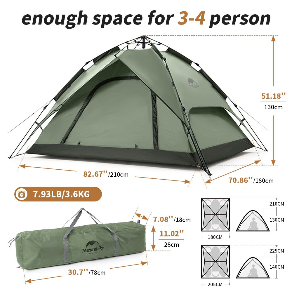 Naturehike Camping Automatic Tent One Touch Waterproof Roof Top Tents Double Door 3 Person Tent Outdoor Beach Fish Shelter Tent