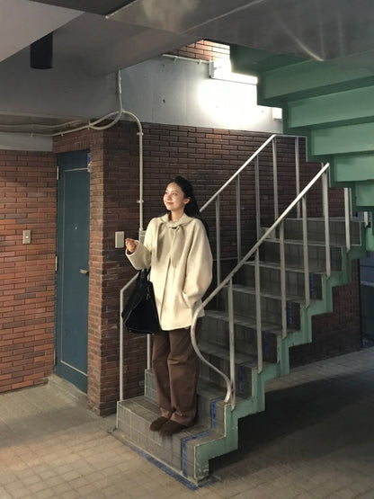 Korean Sle Woolen Coat Women's Chic Temperament Sweet Bow Tie Collar Hooded Warm Woolen Coat Long Sve Mid-Length