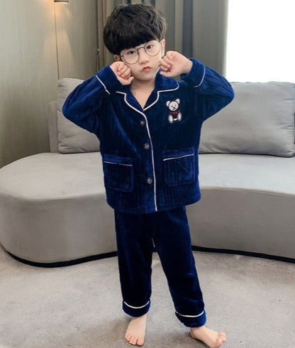 Boys Autumn Winter Thickened Flannel Coral Fleece Pajama Set Warm Kids Sleepwear Homewear