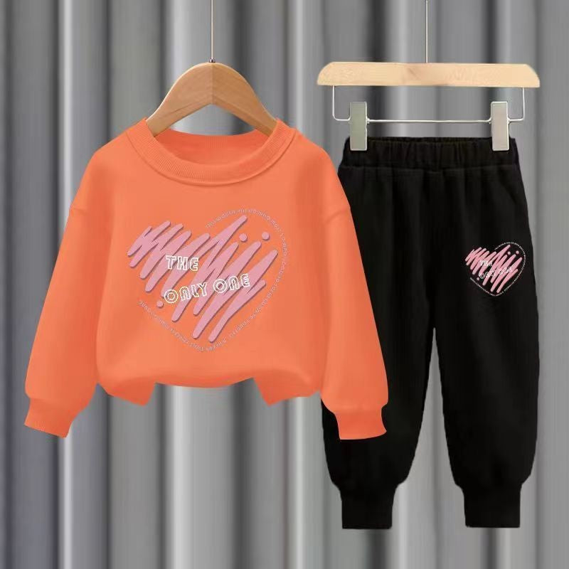 Conjuntos de 2 peças de blusa de manga comprida e calças de outono para crianças, meninos e meninas, agasalho esportivo estampado com corações para meninos e meninas