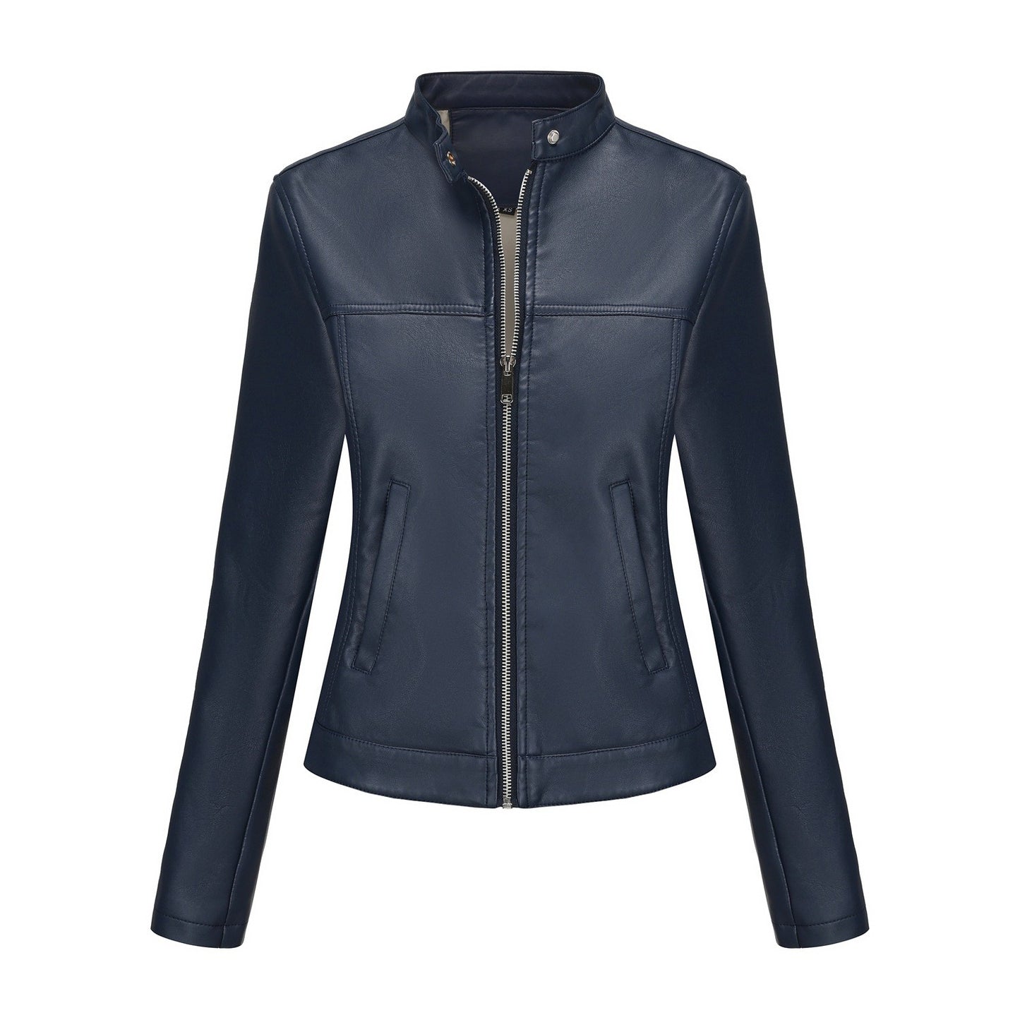 Black Women's Fitted Leather Jacket with Front Zipper & Side Pockets?, Available in Brown, Navy Blue, and Beige.