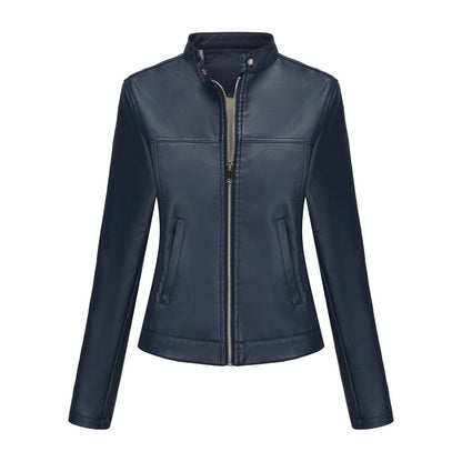 Black Women's Fitted Leather Jacket with Front Zipper & Side Pockets?, Available in Brown, Navy Blue, and Beige.