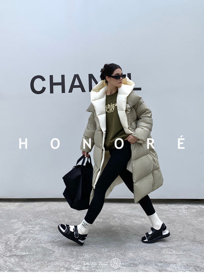 Janveny Fluffy White Duck Down Jacket Women Winter Thickness Warm Long Puffer Coat Hooded Female Fashion Fake Two-piece Parkas