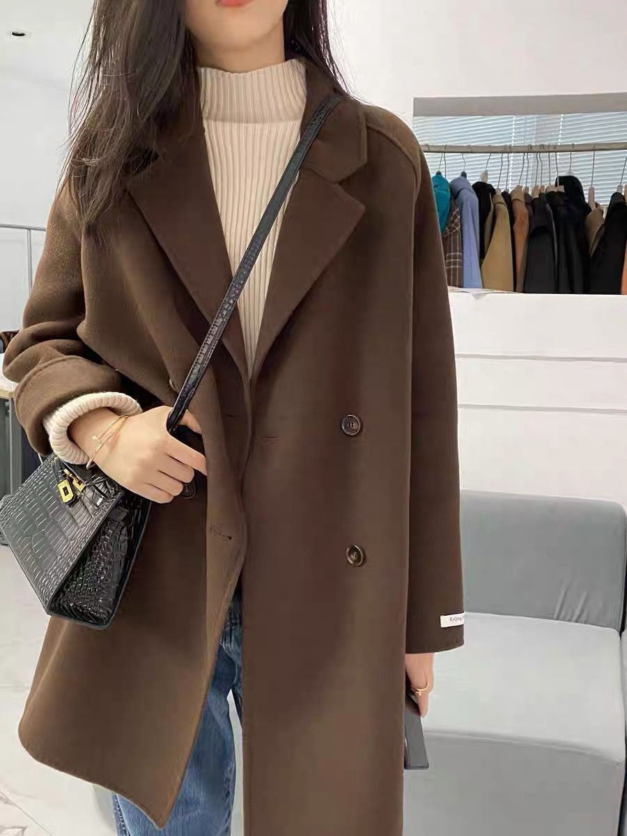 Plus Size Double-Sided Woolen Jacket Women's Midi Length Single-Breasted Loose Fit Fashionable Korean Style Suit Collar Macar...