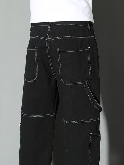 Calça jeans masculina estilo workwear, calça jeans, pernas retas e largas, estilo para todas as estações, lavada com múltiplos bolsos