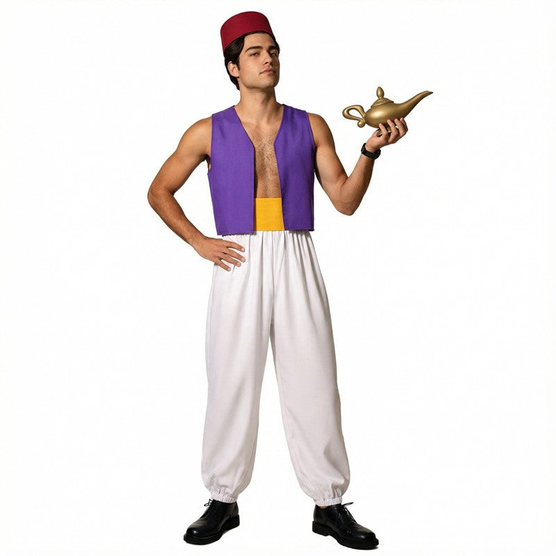 Anime Adult Aladdin Prince Costume Arabian Nights Cosplay with Belt and Hat for Halloween Party Performance God's Lamp Party Cos