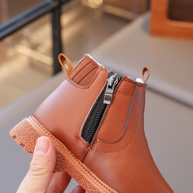 21-30 Kids Ankle Boots for Little Boys Girls Thermal Snow Boots Fashion PU Leather Children Short Rubber Boots with Thick Plush