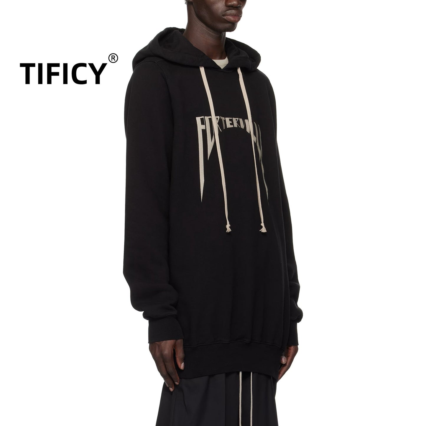 High Street Men's Long Hooded Sweatshirt Black Spring and Autumn New Style Unisex Printed Long Sleeved Pullover Hoodie