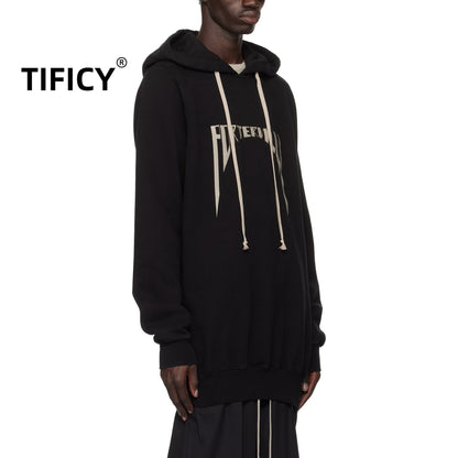 High Street Men's Long Hooded Sweatshirt Black Spring and Autumn New Style Unisex Printed Long Sleeved Pullover Hoodie