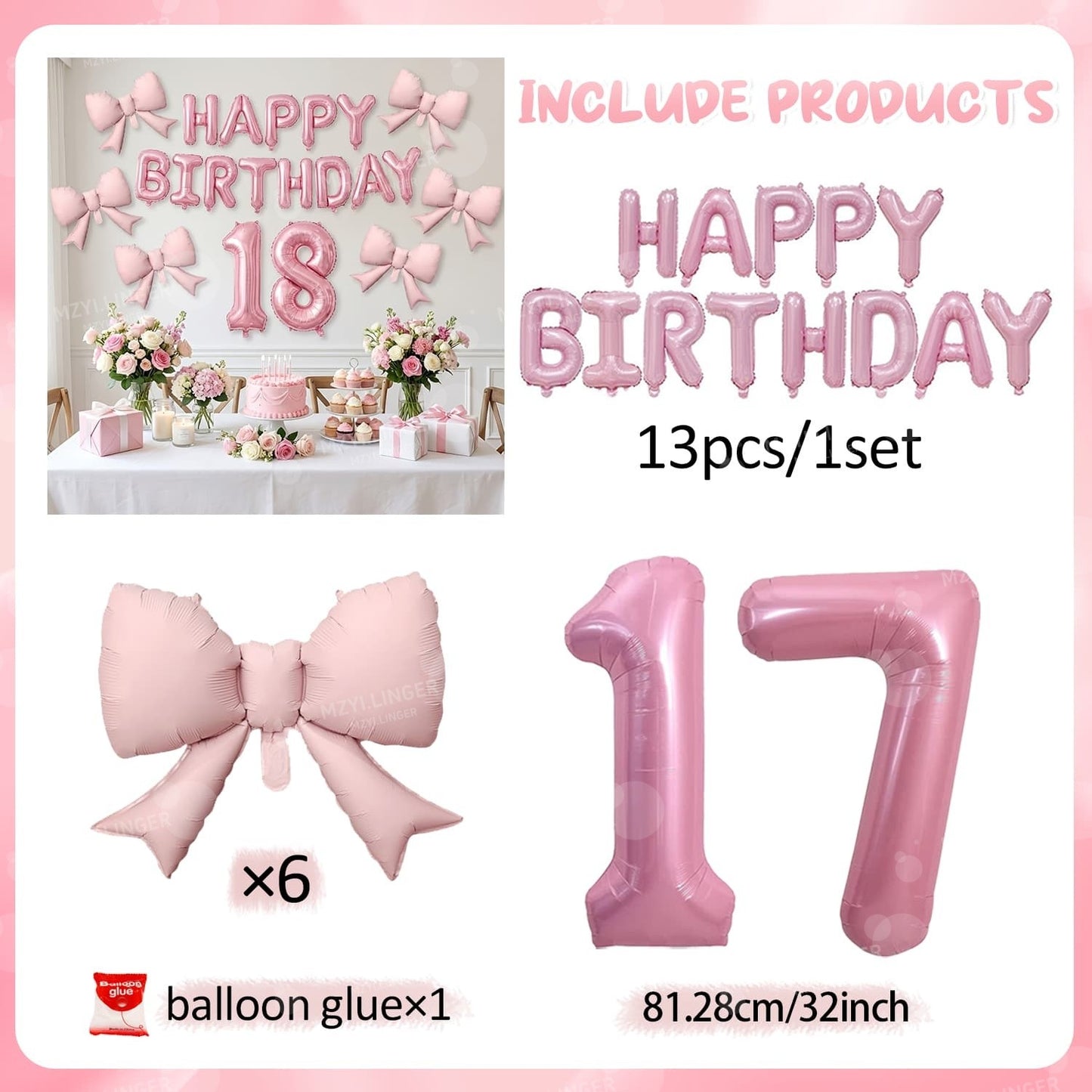Pink Bow Birthday Balloon Happy Birthday Letter Balloon Used for Wedding, Valentine's Day, Birthday, Proposal Decoration Decor