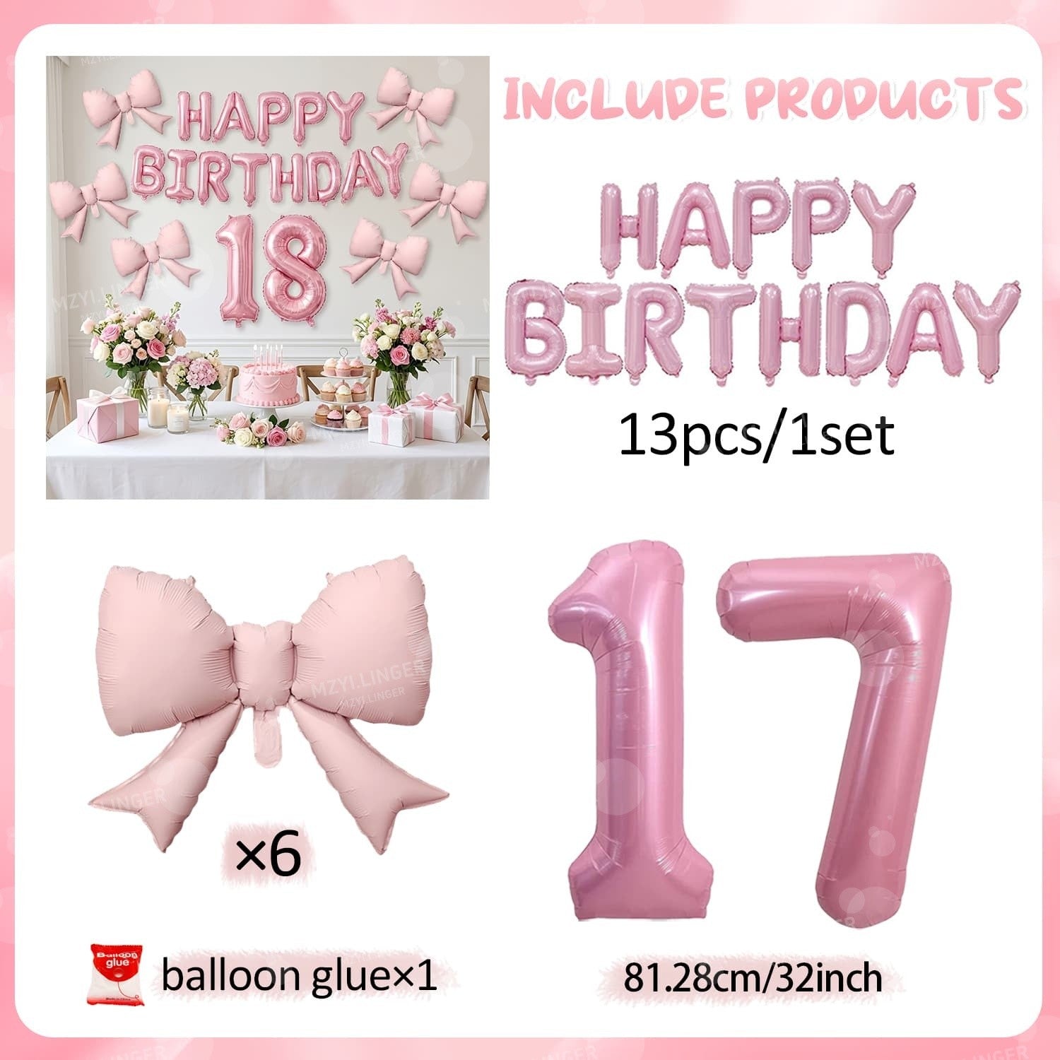 Pink Bow Birthday Balloon Happy Birthday Letter Balloon Used for Wedding, Valentine's Day, Birthday, Proposal Decoration Decor
