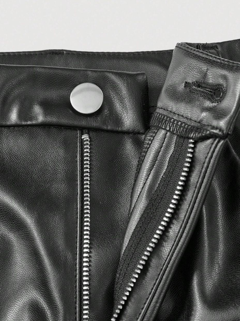 Womens casual elegant vacation solid color directional PU high-end synthetic leather European and American pants