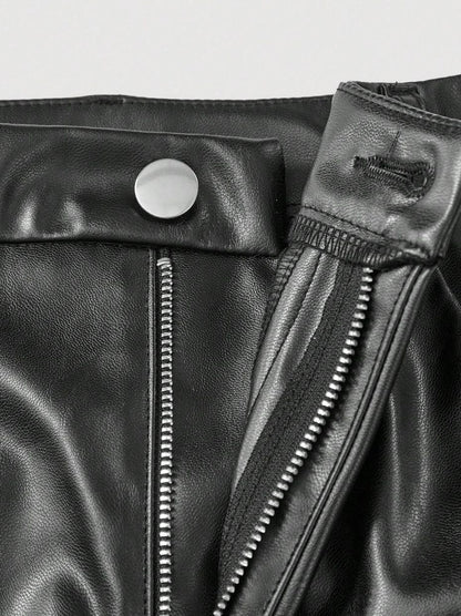 Womens casual elegant vacation solid color directional PU high-end synthetic leather European and American pants